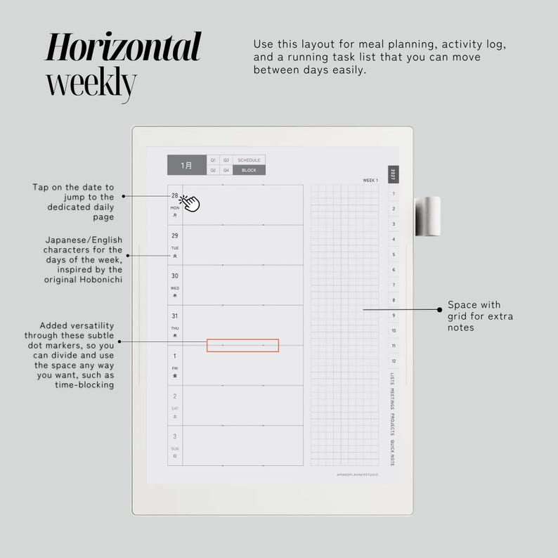 May include: A digital planner interface featuring a horizontal weekly layout. The screen displays a calendar grid with days of the week, date numbers, a vertical column for notes with a grid pattern, and interactive elements for scheduling.