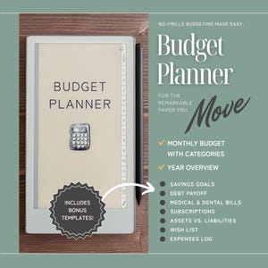 May include: A digital budget planner for the Remarkable Paper Pro. The screen displays "Budget Planner" and a calculator graphic. Includes bonus templates. The image also shows a stylus and lists features like monthly budgets and savings goals.