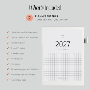 May include: A digital planner set including two PDF files for 2026 and 2027. The list features a cover page, annual calendar, quarterly, monthly, weekly, and daily pages, plus list, meeting, project, and scratchpad pages. The planner cover displays 2027.