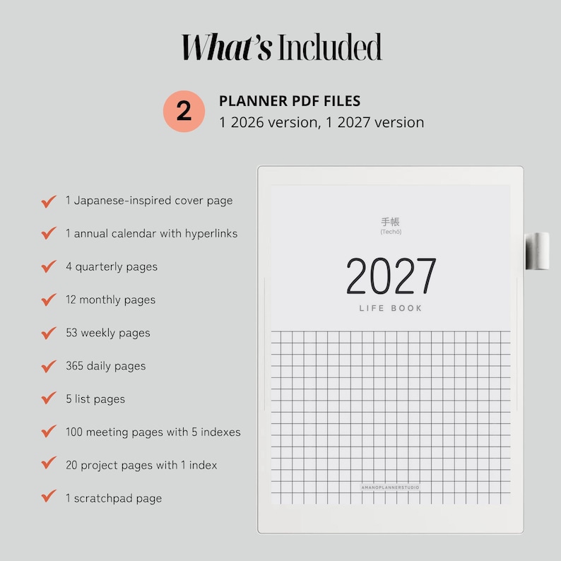 May include: A digital planner set including two PDF files for 2026 and 2027. The list features a cover page, annual calendar, quarterly, monthly, weekly, and daily pages, plus list, meeting, project, and scratchpad pages. The planner cover displays 2027.