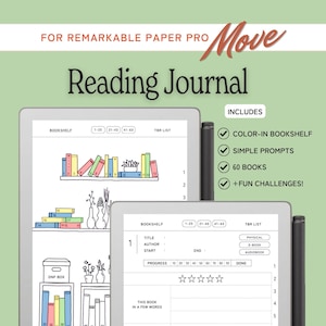 Może przedstawiać: Cyfrowy dziennik czytelnika dla Remarkable Paper Pro, z kolorową półką na książki, prostymi wskazówkami i miejscem na 60 książek. Zawiera listę TBR i zabawne wyzwania. Przeznaczony do robienia notatek cyfrowych.