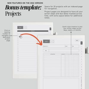 May include: A digital planner template for 2026 featuring a project management layout. The interface includes a list for 20 projects, a Gantt-style timeline for tracking action steps and due dates, and an indexed navigation system for project pages.