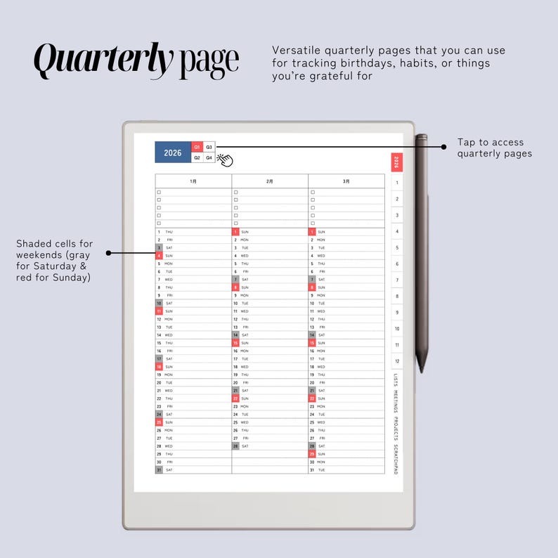Daily Planner & Life Book for reMarkable Paper Pro, Techonichi Japanese style, quarterly monthly weekly, list tracker, meeting project notes image 4