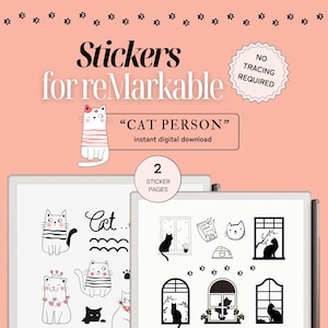 Instant stickers for reMarkable cat theme, copy and paste, no tracing, for reMarkable Paper Pro & reMarkable 2, colored and black icons