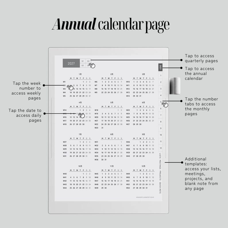 May include: A digital annual calendar page for 2027 displayed on a tablet screen. The interface features a full-year view with interactive elements, including tabs for quarterly, monthly, weekly, and daily navigation, plus additional templates for lists, meetings, and projects.