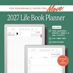 Könnte beinhalten: Ein 2027 Life Book Planer für Remarkable Paper Pro mit digitalen Tages- und Wochenlayouts. Das Display zeigt einen Zeitplan mit Raster, einen Kalender und ein Mondphasensymbol sowie Text zu den verschiedenen Layout-Optionen.