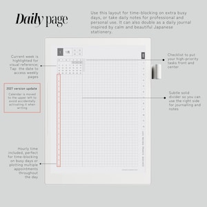 May include: A digital daily planner page template featuring a grid layout, a monthly calendar in the upper left corner, and a vertical hourly time-blocking column. The interface includes a checklist section, a solid divider, and text labels.