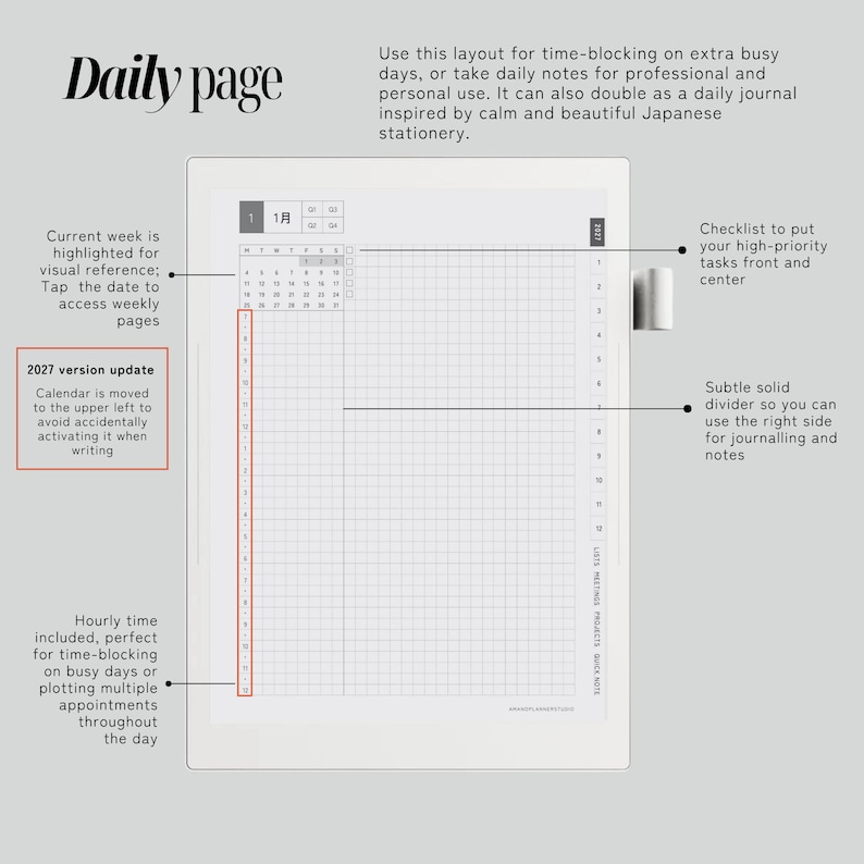 May include: A digital daily planner page template featuring a grid layout, a monthly calendar in the upper left corner, and a vertical hourly time-blocking column. The interface includes a checklist section, a solid divider, and text labels.