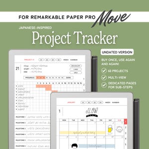 May include: A digital project tracker for Remarkable Paper Pro, Japanese-inspired. The image shows two tablets displaying project management layouts, including a calendar and a project proposal timeline. The tracker is an undated version with 60 projects and multi-view.