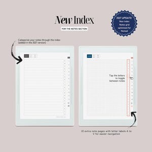 May include: Two digital tablet screens displaying a 2027 planner interface. The left screen shows a lined page with a numbered index. The right screen shows a grid page with lettered tabs A to V. Text includes New Index, 2027 UPDATE, and instructions.