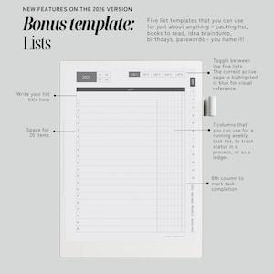 May include: A digital planner interface for 2027 featuring a list template with five tabs, a title field, and twenty numbered rows. The layout includes seven columns for tracking tasks or status and an eighth column for marking completion, with text labels.