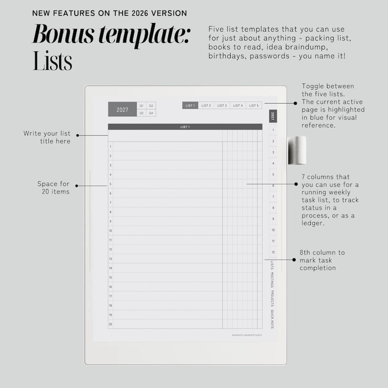 May include: A digital planner interface for 2027 featuring a list template with five tabs, a title field, and twenty numbered rows. The layout includes seven columns for tracking tasks or status and an eighth column for marking completion, with text labels.