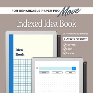 Idea Book for reMarkable Move, with index, brain dump template, task tracker, to-do list, idea journal with dotted, grid, blank page layout