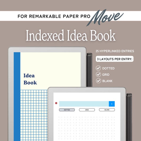 Ideenbuch für reMarkable Move, mit Index, Braindump-Vorlage, Aufgabenliste, Ideenjournal mit gepunktetem, kariertem, leerem Seitenlayout