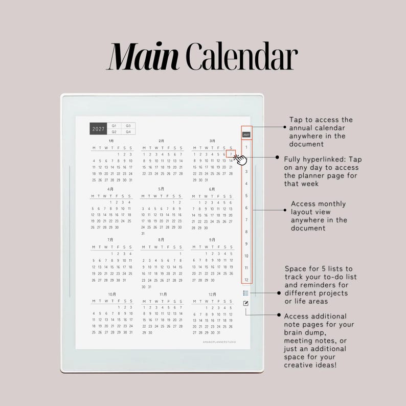 Weekly Planner Techo for Supernote Nomad & A6X, 2027 2026, Japanese planner, quarterly monthly weekly, with lists, notes index, moon phases image 2