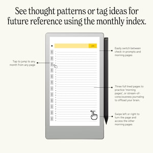 May include: A digital tablet displaying a monthly index with lined pages for journaling. The screen shows the month of January highlighted in yellow. A black stylus is positioned to the right of the tablet. Text on the screen reads, "See thought patterns or tag ideas for future reference using the monthly index."