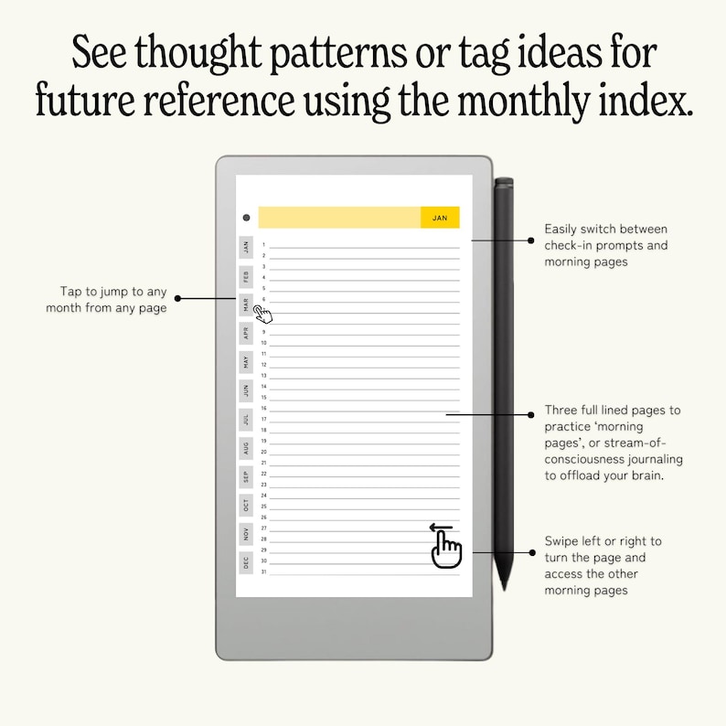May include: A digital tablet displaying a monthly index with lined pages for journaling. The screen shows the month of January highlighted in yellow. A black stylus is positioned to the right of the tablet. Text on the screen reads, "See thought patterns or tag ideas for future reference using the monthly index."
