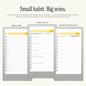 May include: Three digital journal pages with the text "Small habit. Big wins." The pages are labeled "Monthly Index", "5-Minute Check-In", and "Morning Pages/Brain Dump". Each page has a yellow header and lines for writing. The text "JAN 1" is visible.