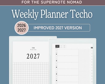 May include: A digital weekly planner for the Supernote Nomad, featuring a 2027 version with a grid layout and a weekly schedule view. The text reads FOR THE SUPERNOTE NOMAD, Weekly Planner Techo, IMPROVED 2027 VERSION, 2026 2027, 2027, and AMANOPLANNERSTUDIO.