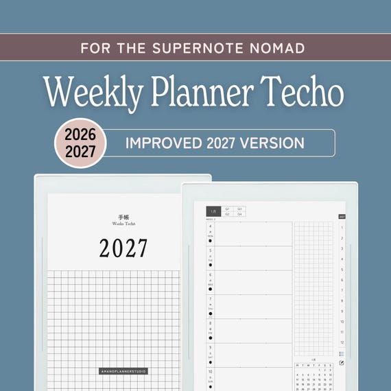 Weekly Planner Techo for Supernote Nomad & A6X, 2027 2026, Japanese planner, quarterly monthly weekly, with lists, notes index, moon phases