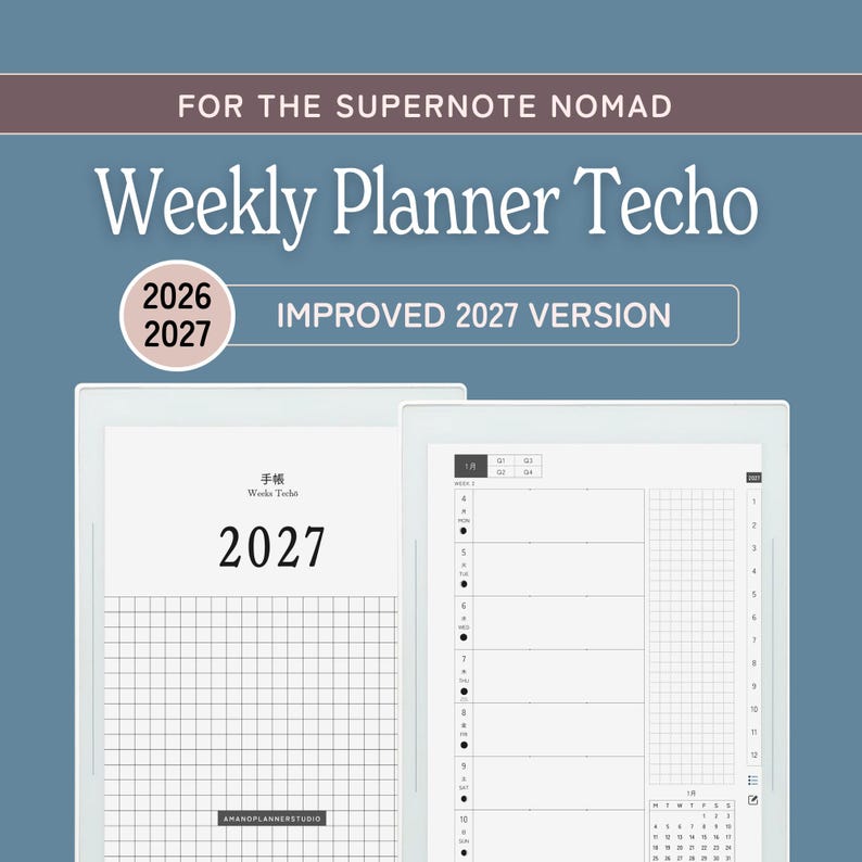Weekly planner Japanese techo for the Supernote Nomad and Supernote A6X, supernote planner, supernote templates, supernote nomad templates, list tracker, horizontal layout, notes with index, hyperlinked, 2027 planner, grid layout