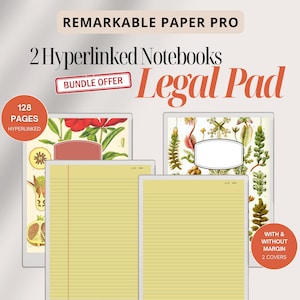 Yellow legal pad notebook for the Remarkable Paper Pro, hyperlinked notebook bundle, note pad, Remarkable template, botanical cover