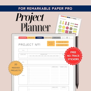 Könnte beinhalten: Ein digitaler Projektplaner für Remarkable Paper Pro, mit einem weißen Tablet, das ein Projektlayout, einen Stift und ein Stickerblatt zeigt. Der Planer enthält Abschnitte für Projekte, Notizen und eine Fortschrittsanzeige. Der Text "Project Planner" und "Free No-Trace Stickers" ist ebenfalls sichtbar.