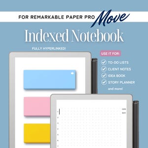 Peut inclure: Un carnet indexé pour Remarkable Paper Pro, avec le mot "Move" en cursive. L'image montre deux tablettes avec des post-it bleus, roses et jaunes. Le texte dit "Fully Hyperlinked!" et "Use it for: To-Do Lists, Client Notes, Idea Book, Story Planner and more!"