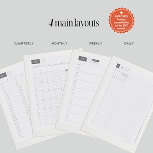 May include: Four digital planner layouts displayed on a light gray background. The text reads 4 main layouts, QUARTERLY, MONTHLY, WEEKLY, DAILY, and an orange badge states IMPROVED! Toolbar compatibility on the 2027 version. Each page shows grid lines.
