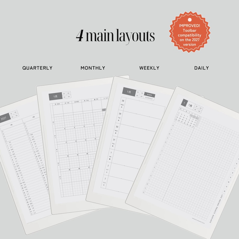 May include: Four digital planner layouts displayed on a light gray background. The text reads 4 main layouts, QUARTERLY, MONTHLY, WEEKLY, DAILY, and an orange badge states IMPROVED! Toolbar compatibility on the 2027 version. Each page shows grid lines.