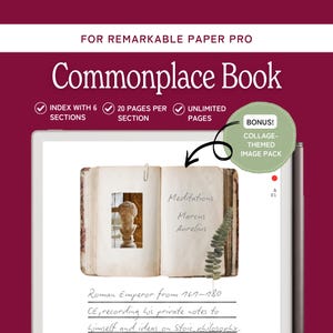 May include: A digital Commonplace Book for Remarkable Paper Pro. The image shows an open book with text and a picture of a bust. The book has 6 sections, 20 pages per section, and unlimited pages. Bonus: Collage-themed image pack.