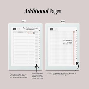 May include: Two digital planner pages titled Additional Pages. The left page, labelled LISTS, features a checklist with 2027 at the top and instructions to tap blocks to toggle between lists. The right page, labelled NOTES, shows a grid with lettered tabs A to U.
