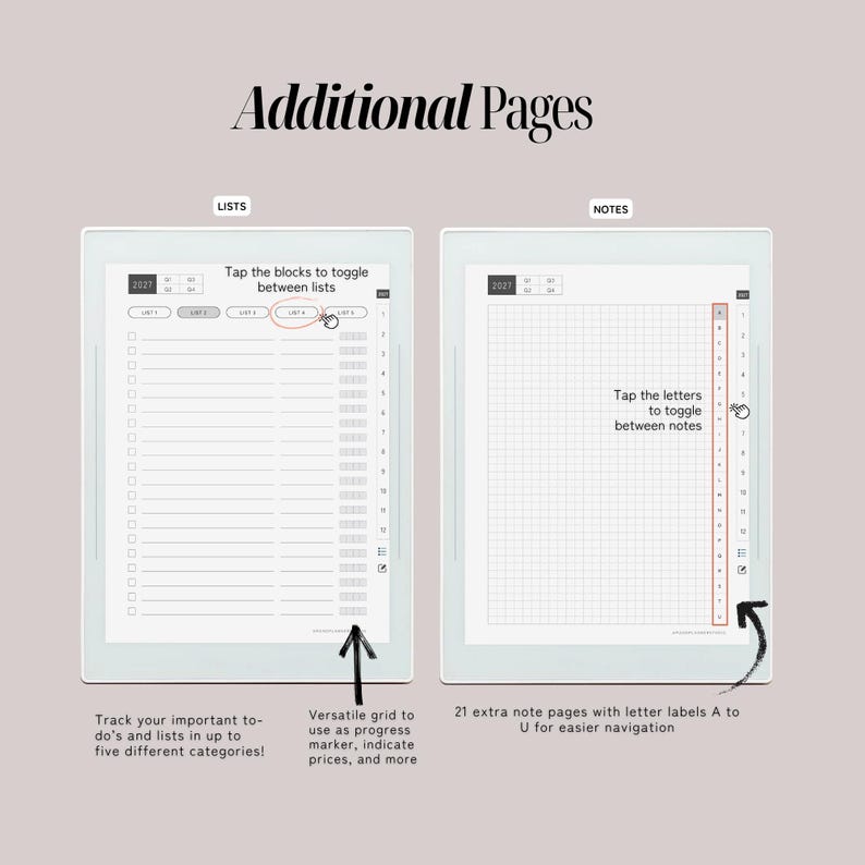 May include: Two digital planner pages titled Additional Pages. The left page, labelled LISTS, features a checklist with 2027 at the top and instructions to tap blocks to toggle between lists. The right page, labelled NOTES, shows a grid with lettered tabs A to U.