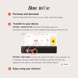 Pu&ograve; includere: Grafica beige con il titolo "How to Use" e passaggi numerati. I passaggi spiegano come scaricare e trasferire file su un dispositivo, comprese le istruzioni per l'app desktop e il cavo USB. L'immagine include uno schermo di computer.
