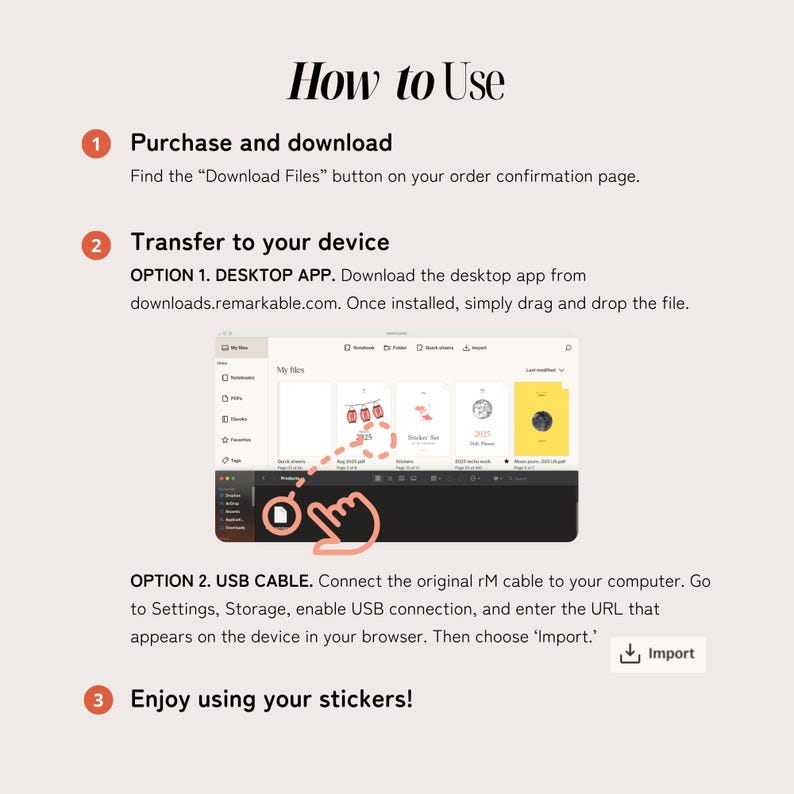 Pu&ograve; includere: Grafica beige con il titolo "How to Use" e passaggi numerati. I passaggi spiegano come scaricare e trasferire file su un dispositivo, comprese le istruzioni per l'app desktop e il cavo USB. L'immagine include uno schermo di computer.