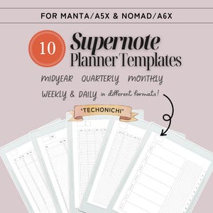 May include: A collection of Supernote planner templates, including midyear, quarterly, monthly, weekly, and daily formats. The image features a stack of templates with various grid and layout designs, with the text "Supernote Planner Templates" and "TECHONICHI".