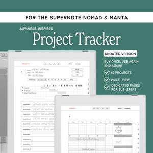 Può includere: Un modello di tracciamento progetti digitale per dispositivi Supernote Nomad e Manta. Lo schermo mostra un layout di proposta di progetto con barre di avanzamento, elenchi di traguardi e una griglia di calendario mensile.