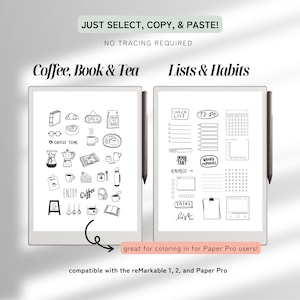 Pu&ograve; includere: Due tablet digitali con penne stilo nere. Uno mostra scarabocchi a tema caff&egrave;, l'altro elenchi e tracker delle abitudini. Il testo recita "Coffee, Book & Tea" e "Lists & Habits". Testo aggiuntivo: "Just select, copy, & paste!" e "No tracing required."