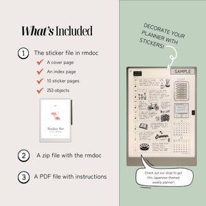 Pu&ograve; includere: Set di adesivi per planner digitale a tema giapponese. L'immagine mostra un tablet che mostra un layout di planner settimanale con illustrazioni e testo. Il testo include "What's Included" e "DECORATE YOUR PLANNER WITH STICKERS!"