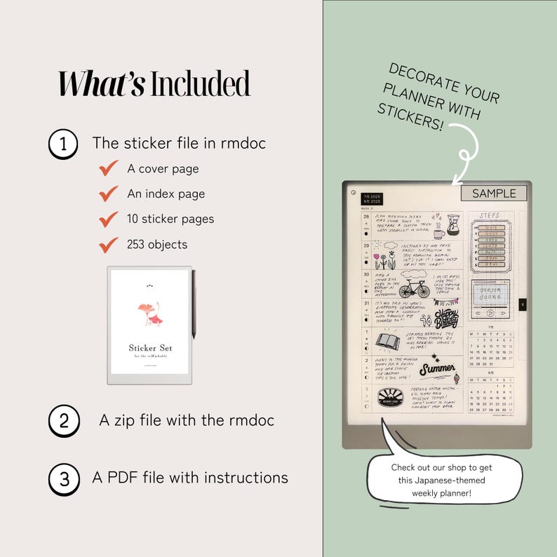 Pu&ograve; includere: Set di adesivi per planner digitale a tema giapponese. L'immagine mostra un tablet che mostra un layout di planner settimanale con illustrazioni e testo. Il testo include "What's Included" e "DECORATE YOUR PLANNER WITH STICKERS!"