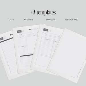 May include: Four digital planner templates labeled +4 templates, including lists, meetings, projects, and scratchpad. Each page features a clean, white layout with black text, headers for 2027, and structured sections for organizing daily tasks, notes, and goals.