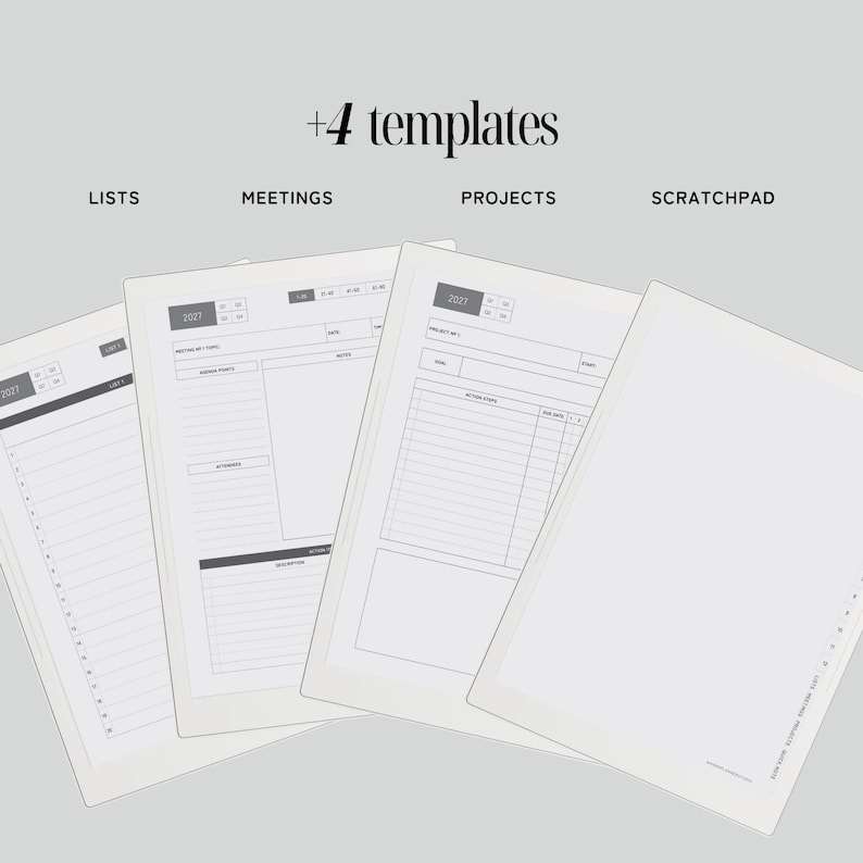 May include: Four digital planner templates labeled +4 templates, including lists, meetings, projects, and scratchpad. Each page features a clean, white layout with black text, headers for 2027, and structured sections for organizing daily tasks, notes, and goals.