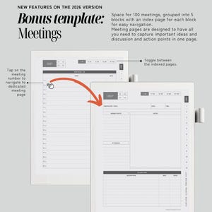 May include: A digital planner template for 2026 featuring a meeting log with space for 100 meetings grouped into 5 blocks. The interface includes an index page, navigation toggles, and a meeting page layout with sections for agenda, notes, and action items.