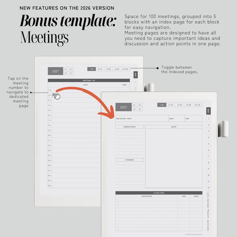 May include: A digital planner template for 2026 featuring a meeting log with space for 100 meetings grouped into 5 blocks. The interface includes an index page, navigation toggles, and a meeting page layout with sections for agenda, notes, and action items.