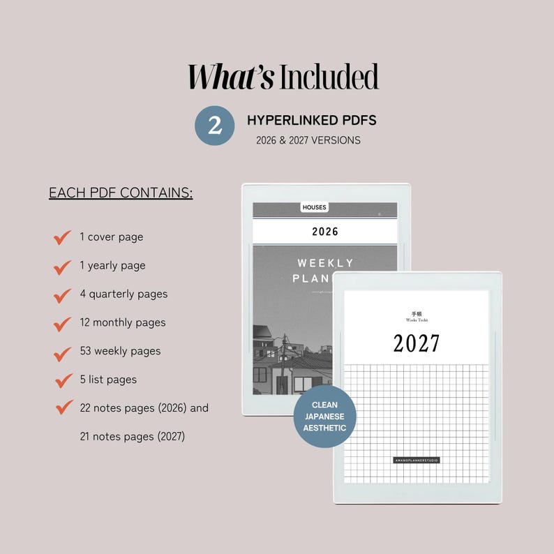 May include: Two digital planners displayed on a light background. The text reads What's Included, 2 Hyperlinked PDFs, 2026 & 2027 Versions, Each PDF Contains, and Clean Japanese Aesthetic. The 2026 planner shows a house illustration, while the 2027 planner features a grid.