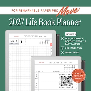 Planejador diário para reMarkable Move, livro e calendário techo life, páginas trimestrais, mensais, semanais e diárias, com página de lista de tarefas e fases da lua.