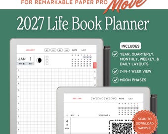 Daily Planner for reMarkable Move, techo life book & calendar, quarterly monthly weekly daily pages, with to-do list page and moon phases