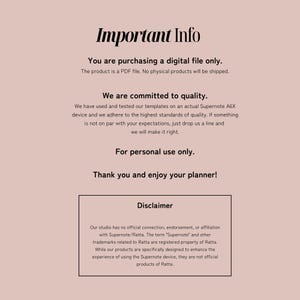 以下が含まれることがあります： 上部に「Important Info」というテキストが表示されたデジタルファイル通知。テキストは、製品がPDFファイルであり、物理的な製品は発送されないことを説明しています。追加のテキストには、品質へのコミットメント、個人使用のみ、免責事項が含まれています。