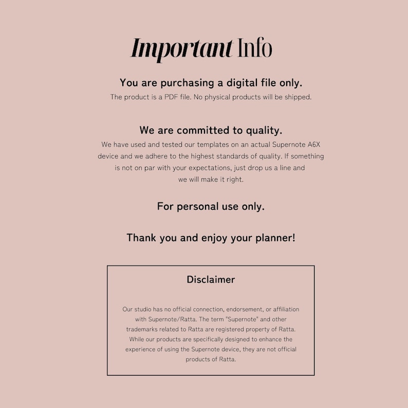 以下が含まれることがあります： 上部に「Important Info」というテキストが表示されたデジタルファイル通知。テキストは、製品がPDFファイルであり、物理的な製品は発送されないことを説明しています。追加のテキストには、品質へのコミットメント、個人使用のみ、免責事項が含まれています。