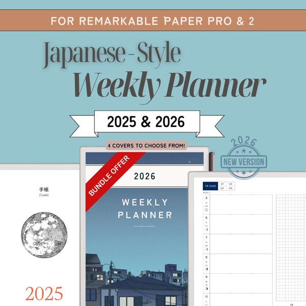 Bundle 2025 2026 Weekly Planner for reMarkable Paper Pro and reMarkable 2, Japanese planner, moon calendar